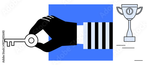 Success concept. Success ed by a hand holding a key and a trophy achievement. Success in business, life goals, teamwork, career paths, and motivation. Line metaphor. Simple line icons