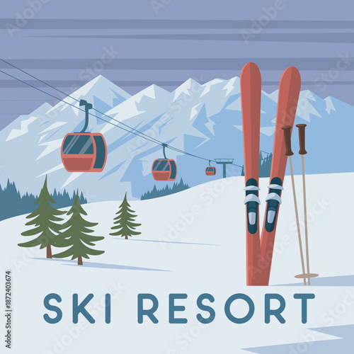 Vibrant vector illustration of a bustling ski resort scene with snow-capped mountains, modern gondola lifts, and classic red skis, evoking winter adventure and relaxation