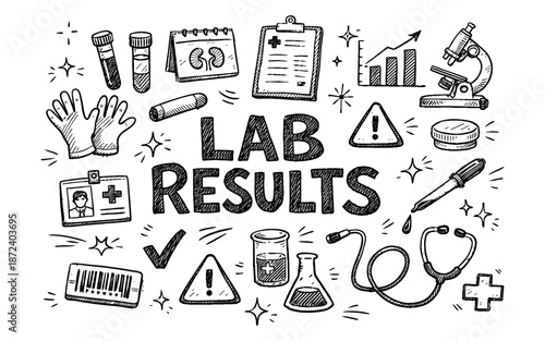 Doodle illustration of lab results with medical icons and symbols