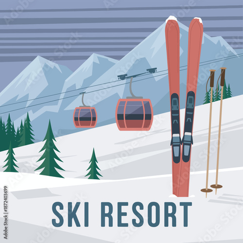 Ski resort mountain landscape with ski lift and pine trees