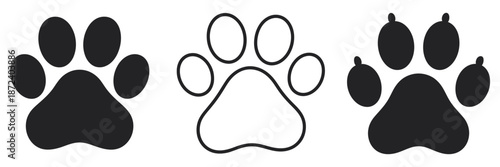 Set of three black and white paw print icons for pets, animals, and wildlife enthusiasts