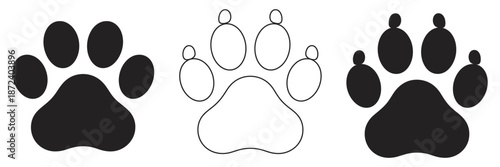 Vector set of animal paw print illustrations, showcasing solid and outline track designs for pet care branding and wildlife iconography