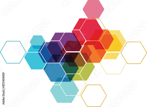 Vibrant multicolored honeycomb pattern with white background and hexagons