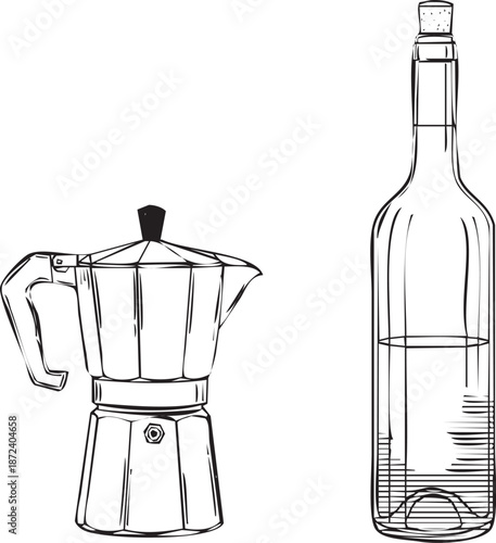 Traditional coffee pot and wine bottle Vector