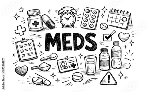 Doodle illustration of various medical supplies and health-related items with the word MEDS