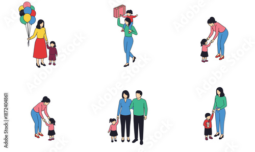 Happy Family and Mother with Child Vector Set Showing Parenting Moments, Care, Love, Childhood Activities, and Daily Life Scenes Illustration