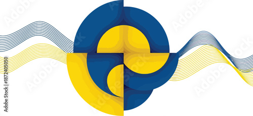 Abstract design with blue and yellow shapes and wavy lines on white background