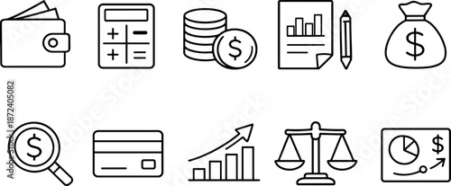 Finance and accounting icons set. Money management, budgeting, payments, banking and financial planning outline symbols