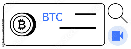 Cryptocurrency, blockchain, digital payments, secure transactions, virtual currency, online verification. Bitcoin logo and BTC text framed with magnifying glass and video icon. Cryptocurrency