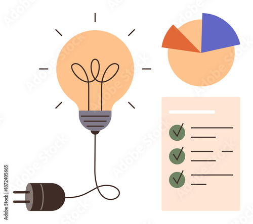 Business strategy, efficiency, idea development, data analysis, innovation, project planning. A glowing light bulb connects to a cord, pie chart and checklist with green ticks. Idea development