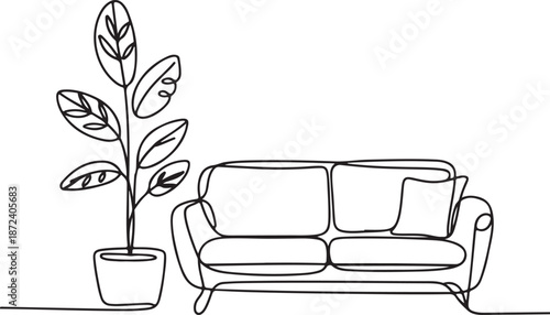 Continuous Line Art Illustration of Leafy Indoor Plant Beside Minimal Sofa in Cozy Home Interior Scene