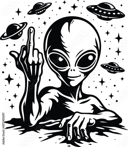 Peeking Alien Middle Finger - Edgy Alien Design - Funny Rude Alien Clipart - Humorous Space Character - Sassy UFO Creature, Sci-Fi Humor Vector