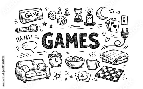 Doodle illustration of various game elements and leisure items on a white background