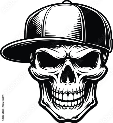 Skull in Baseball Hat - Skull Wearing Cap Design - Edgy Casual Skull - Baseball Hat Skull - Biker Style Skull Design - Rebel Skull with Cap Vector design