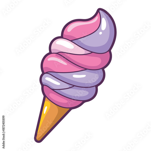 A delicious vanilla and strawberry ice cream cone isolated on a white background, featuring a sweet frozen dessert design with pink chocolate cream in a cartoon illustration vector icon style