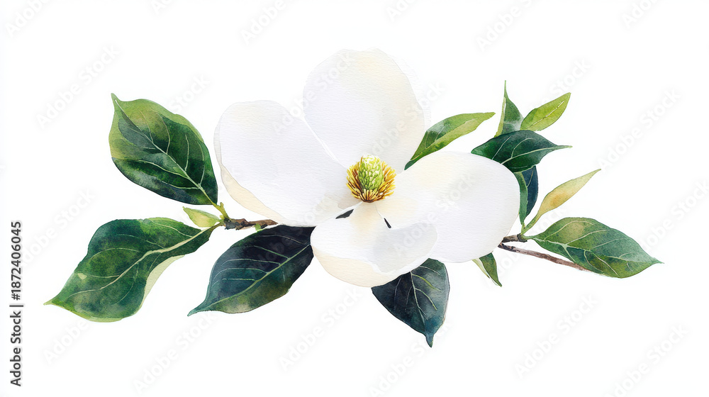 Obraz premium Beautiful watercolor art of large magnolia flower with green leaves, showcasing elegance and natural beauty