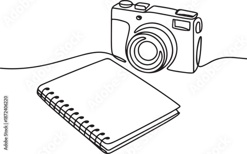 Continuous Line Art Illustration of Camera Beside Sketchbook with Travel Artist Vibe