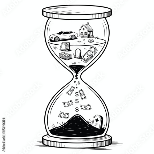 Antique vector illustration of a sandglass instrument symbolizing the passing flow of time and business deadlines with sand moving through the glass clock to measure every minute of the hour