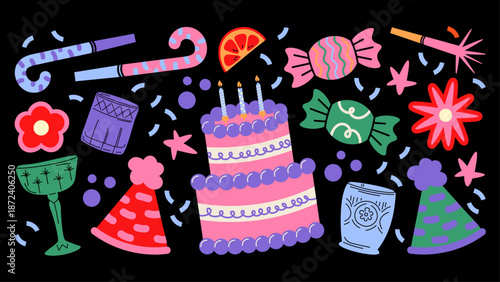Happy Birthday sticker set in retro 90s cartoon style. Groovy shapes, cute animals, cakes and sweets. Bright playful vector patches for party decor.