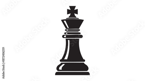 A black chess king piece stands alone on a plain white background viewed from the front