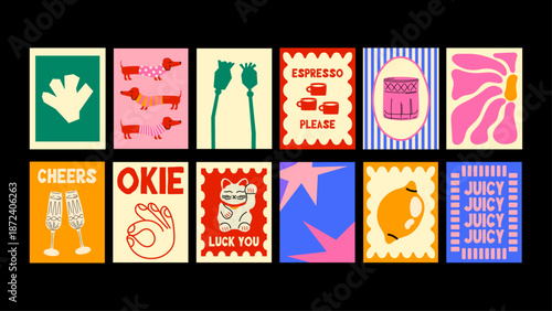 Modern abstract posters with simple shapes and Matisse-inspired cartoon elements. Fruits, cocktails and global culture themes.