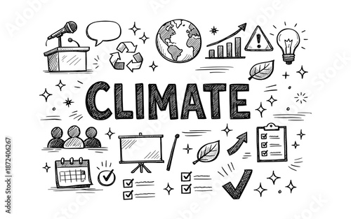Doodle style illustration of climate change concepts and solutions with the word climate
