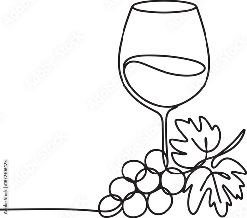 Continuous Line Art Illustration of Elegant Wine Glass Beside Grape Cluster