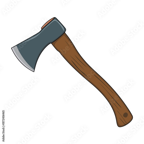 A sharp steel blade ax tool with a wooden handle is a metal hatchet equipment for work isolated on a white background to chop, cut, or hack as a rusty iron construction object