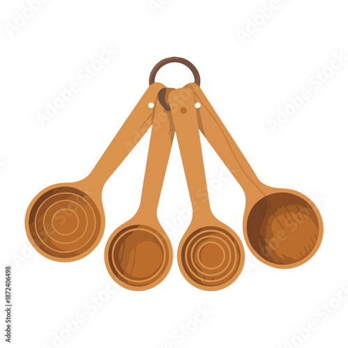 A set of wooden kitchen utensils including a spoon, ladle, and spatula isolated on a white background for cooking with traditional brown wood kitchenware equipment tools