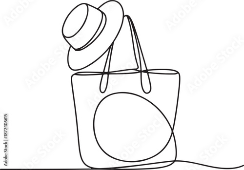 Continuous Line Art Illustration of Tote Backpack with Sun Hat Hanging from Strap