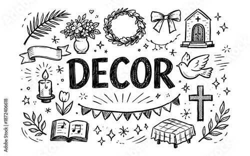 Hand-drawn decorative elements and the word DECOR in a whimsical doodle style