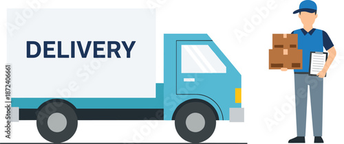 Delivery Service Illustration with Courier Holding Packages, Transport Truck, Logistics Distribution, Shipping Management, and Fast Parcel Delivery Concept
