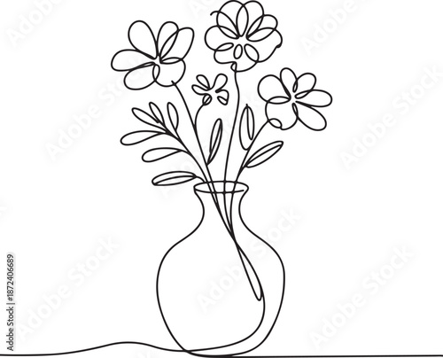 Continuous Line Art Illustration of Vase Holding Blooming Flowers