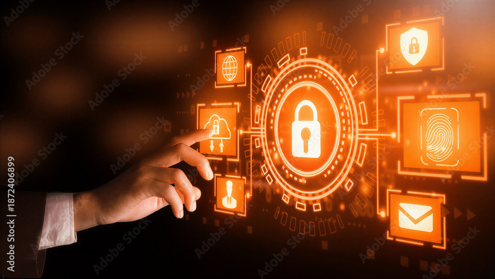 Fototapeta premium Cyber security and data protection concept with hand and glowing orange icons on dark background