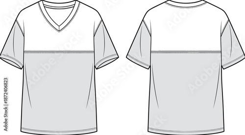 Two-tone short sleeve t-shirt sketch, front and back view, V-neck collar, fashion design template, flat vector illustration
