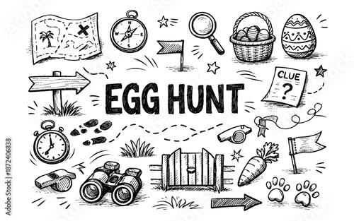 Hand-drawn illustration of egg hunt elements with "EGG HUNT" text in the center