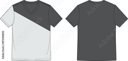 V-neck T-shirt technical sketch, front and back view, asymmetrical color-block design with diagonal seam - flat vector illustration