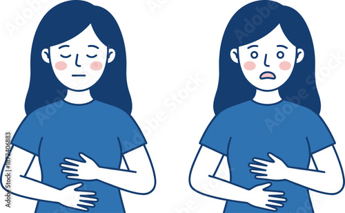 Woman experiencing stomach pain, two emotional stages, digestive discomfort concept, health symptoms awareness, flat vector illustration