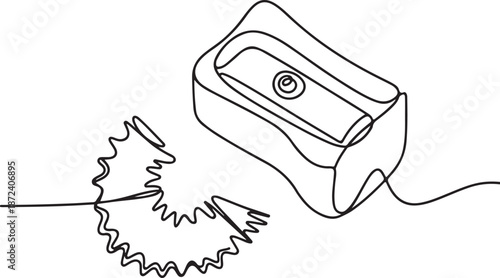 Continuous Line Art Illustration of Classic Sharpener with Curled Pencil Shavings Beside It