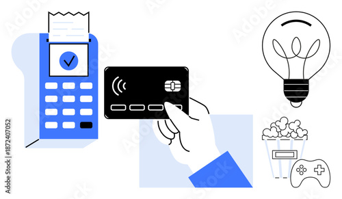 Digital payments, fintech, e-commerce essentials, cashless transactions, retail technology, and financial innovation. A hand holding a contactless card near a POS terminal. Digital payments