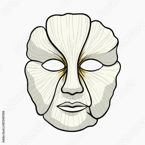 Flat illustration of  sheet face mask shaped like blooming white flower, naive style. Minimal design for skincare, wellness or self-care branding with copy space