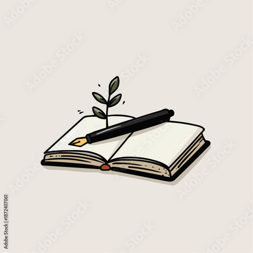 Minimalist flat vector illustration of a pen on an open journal with a plant growing out. Symbolic of writing, ideas, and growth. Split-tone background with copy space. Hand-drawn doodle style