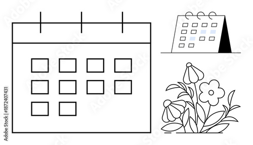 Time management, event planning, business organization, creativity, nature-themed designs. Monthly grid and desk calendar with floral decoration. Time management and event planning concept