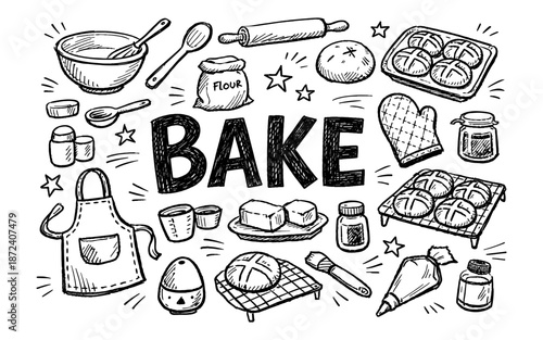 Whimsical hand-drawn illustration of baking ingredients and tools with the word BAKE
