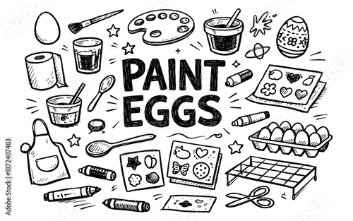 Doodle illustration of painting eggs with various art supplies and Easter decorations