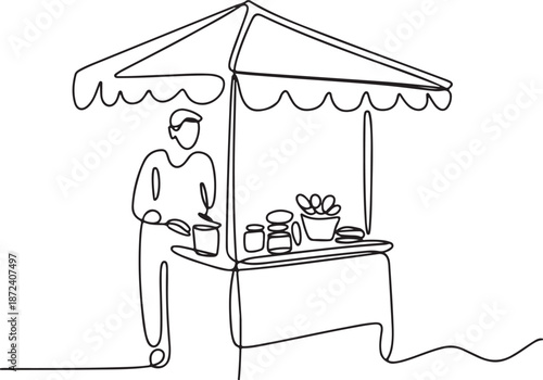 Continuous Line Art Illustration of Small Street Stall with Vendor and Items
