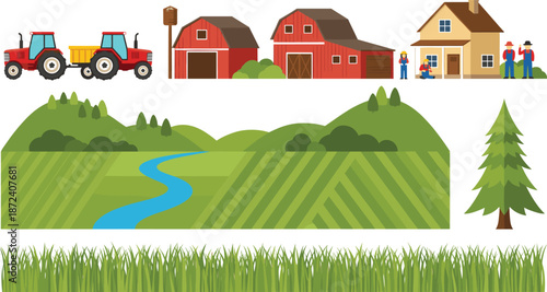 Farm Landscape Vector Set with Barns, Tractor, Farmers, Countryside Hills, River, Trees, and Grass Elements for Agriculture Illustrations