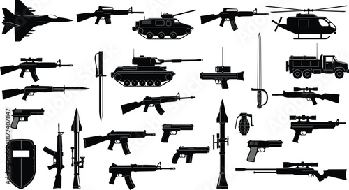 Military Weapons and Equipment Silhouette Set with Guns, Tanks, Aircraft, Helicopters, Missiles, and Tactical Gear for Defense Illustrations
