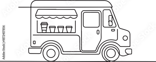 Continuous Line Art Illustration of Small Coffee Truck Serving Cups from Window