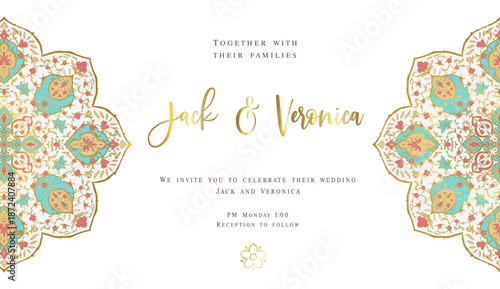Invitation card design with vector mandala pattern. Ornamental floral frame. Vintage ornament card. Gold, Luxury wedding invitation